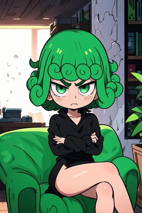 <lora:TatsumakiiiV2.2:0.9> (chibimode), (green hair, green eyes, curly hair), (black dress, long sleeves), sitting, short hair, ...