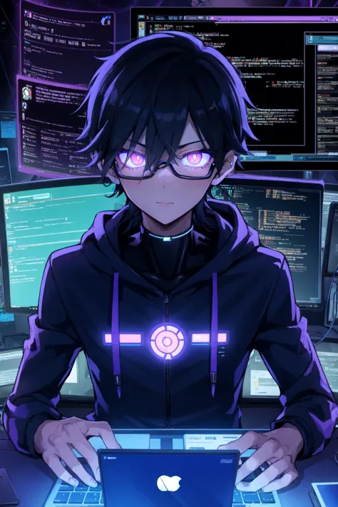 solo, 1boy, male focus, short hair, glasses, (laptop:1.2), hoodie up, dark room, multiple monitors, hacking code visible on scre...