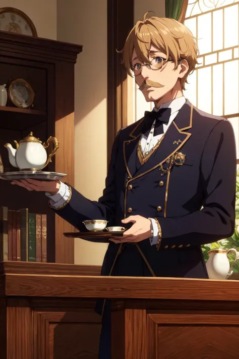 (masterpiece, ultra detailed, high quality, beautiful eyes, insanely detailed eyes:1.15), 1boy, solo, butler uniform, middle-age...