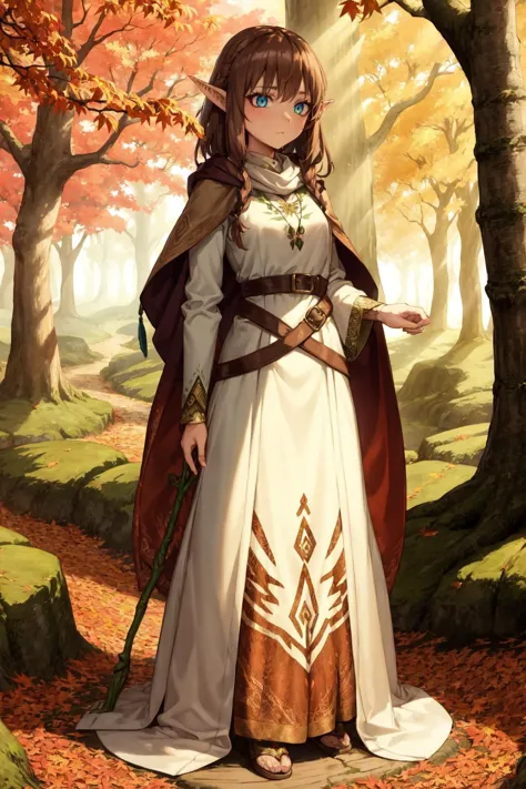 solo, female, 1girl, female focus, (wood elf:1.5), nature surroundings, (brown hair:1.3), autumn leaves, elven ears, magical, gr...