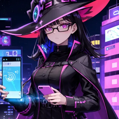 solo, modern witch, 1girl, female focus, (smartphone:1.5), city night lights, (black hair:1.3), glasses, upper body, stylish out...