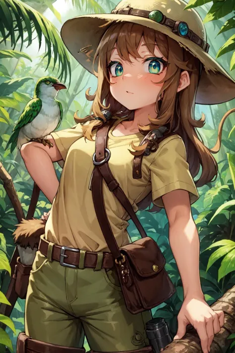 solo, 1girl, female focus, jungle explorer, adventurous, vibrant jungle, wild animals, long curly hair, brown hair, green eyes, freckles, pith helmet, khaki shorts, leather boots, binoculars, hanging vines, tropical birds, big cat in the background, upper body, looking at viewer, holding compass, sunset lighting, dense foliage, masterpiece, ultra detailed, high quality, <lora:ygodsod768-2:0.7>