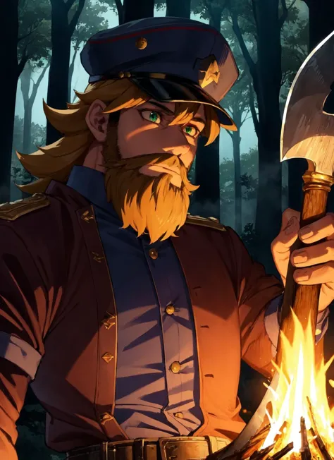 Solo, 1boy, male focus, (cap:1.3), (axe:1.2), beard, detailed face, beautiful eyes, emerald eyes, looking away, upper body, brass buttons, uniform, tanned skin, ancient woodland, twilight ambiance, campfire in distance, masterpiece, ultra detailed, high quality, <lora:ygodsod768-2:0.7>