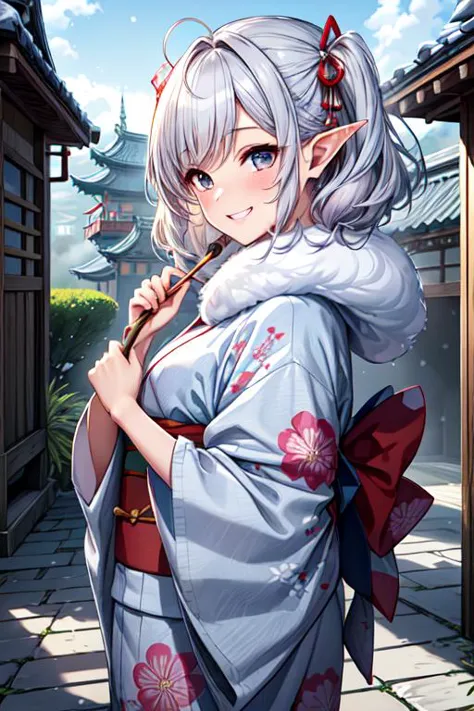 (best quality:1.2) (4k:1.) (highres:1.1) , (ultra detailed CG:1.1) ,
1girl elf , solo , (detailed face:1) , (silver twintail:1) , (small breasts:1) ,  <lora:colorkimono:1> (color kimono:1.2) , (wide sleeves:1), (long sleeves:1), (obi:1) , (sash:1) , (gorgeous floral print:1) , pink cute kimono , nose blush , grin , fur muffler , steam , winter , luxurious ornaments ,  shrine , Asian architecture , stone paving , outdoors , <lora:epiCRealismHelper:1> <lora:Gloomifier_TheDread_V1_LECO:-.5> <lora:hyperdetailer_v095:.4>