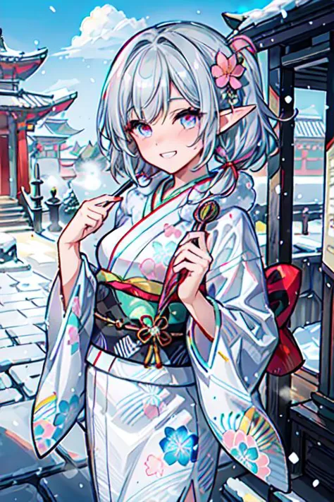 (best quality:1.2) (4k:1.) (highres:1.1) , (ultra detailed CG:1.1) ,
1girl elf , solo , (detailed face:1) , (silver twintail:1) , (small breasts:1) ,  <lora:colorkimono:1> (color kimono:1.2) , (wide sleeves:1), (long sleeves:1), (obi:1) , (sash:1) , (gorgeous floral print:1) , pink cute kimono , nose blush , grin , fur muffler , steam , winter , luxurious ornaments ,  shrine , Asian architecture , stone paving , outdoors , <lora:epiCRealismHelper:1> <lora:Gloomifier_TheDread_V1_LECO:-.5> <lora:hyperdetailer_v095:.4>