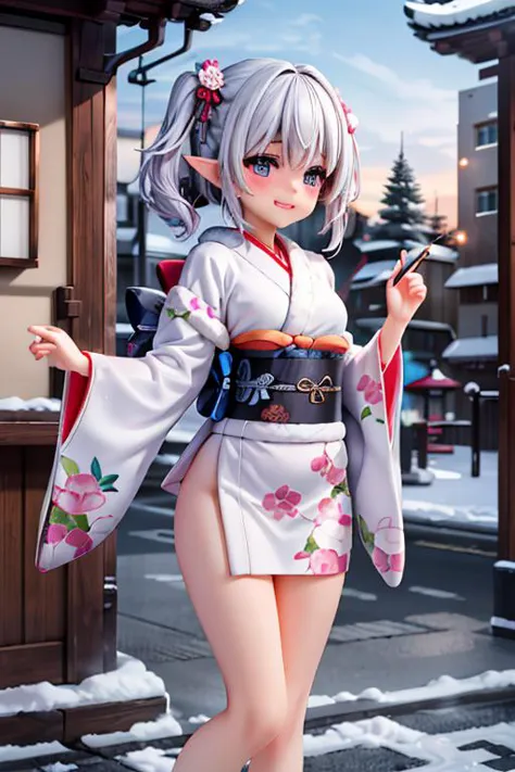 (best quality:1.2) (4k:1.) (highres:1.1) , (ultra detailed CG:1.1) ,
1girl elf , solo , (detailed face:1) , (silver twintail:1) , (small breasts:1) ,  <lora:colorkimono:1> (color kimono:1.2) , (wide sleeves:1), (long sleeves:1), (obi:1) , (sash:1) , (gorgeous floral print:1) , pink cute kimono , nose blush , grin , fur muffler , steam , winter , luxurious ornaments ,  shrine , Asian architecture , stone paving , outdoors , <lora:epiCRealismHelper:1> <lora:Gloomifier_TheDread_V1_LECO:-.5> <lora:hyperdetailer_v095:.4>