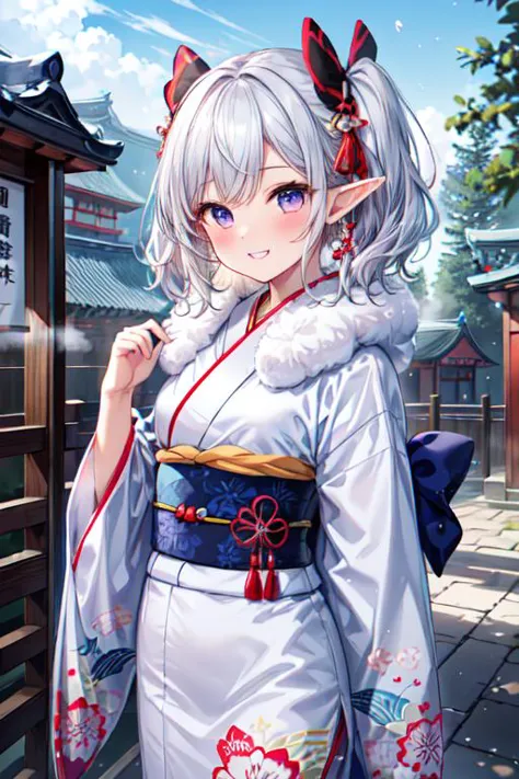 (best quality:1.2) (4k:1.) (highres:1.1) , (ultra detailed CG:1.1) ,
1girl elf , solo , (detailed face:1) , (silver twintail:1) , (small breasts:1) ,  <lora:colorkimono:1> (color kimono:1.2) , (wide sleeves:1), (long sleeves:1), (obi:1) , (sash:1) , (gorgeous floral print:1) , pink cute kimono , nose blush , grin , fur muffler , steam , winter , luxurious ornaments ,  shrine , Asian architecture , stone paving , outdoors , <lora:epiCRealismHelper:1> <lora:Gloomifier_TheDread_V1_LECO:-.5> <lora:hyperdetailer_v095:.4>