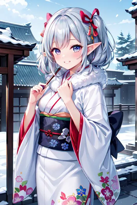 (best quality:1.2) (4k:1.) (highres:1.1) , (ultra detailed CG:1.1) ,
1girl elf , solo , (detailed face:1) , (silver twintail:1) , (small breasts:1) ,  <lora:colorkimono:1> (color kimono:1.2) , (wide sleeves:1), (long sleeves:1), (obi:1) , (sash:1) , (gorgeous floral print:1) , pink cute kimono , nose blush , grin , fur muffler , steam , winter , luxurious ornaments ,  shrine , Asian architecture , stone paving , outdoors , <lora:epiCRealismHelper:1> <lora:Gloomifier_TheDread_V1_LECO:-.5> <lora:hyperdetailer_v095:.4>