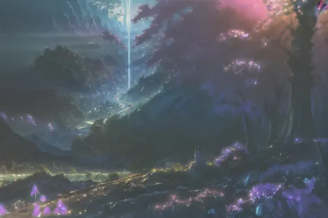 <lora:Detailed_Places_R-128_v1:0.5>
(Anime landscape, anime aesthetics:1.5)
enchanting Anime landscape reveals a magical forest nestled amidst towering mountains. Whirlwinds dance through vibrant foliage, imbued with a violet aura of mystic energy. In the background, a raccoon dons a kimono, adding whimsy to the scene.
high contrast, high saturation
<lora:more_details:0.5>  <lora:AdvancedEnhancer:0.5> analog film, soft light, neon lights, ektachrome, fujifilm xt3, film grain, depth of field, dim light, color grading, RAW