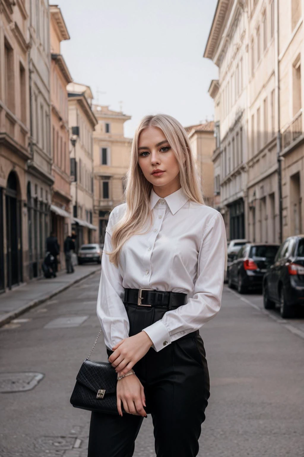 A perfect photo of a smart looking woman, wearing a white silk collared shirt (shirt tucked into black tailored office trousers), belt, (black high heel boots:1.2), bag, long platinum blonde hair, chic sophisticated makeup, standing posing for the camera, looking at viewer, city in background, rome italy, cowboy shot, full body shot, photographed on a Fujifilm GFX 100, 80mm F/1.7 prime lens, cinematic film still, cinestill 500T, highly detailed, masterpiece, highest quality, intricately detailed, HDR, 8k, uhd, photorealistic 