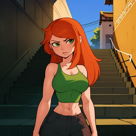 cartoon girl with red hair and green top walking down stairs