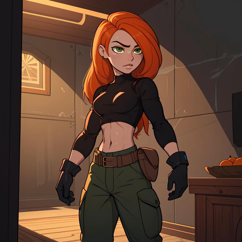 Best_QualityPos, RAW photo, intricate details, best quality, 8k uhd, soft lighting, 1girl, solo, green eyes, orange hair, long hair, black gloves, black shirt, crop top, midriff, long sleeves, belt, belt pouch, green cargo pants 