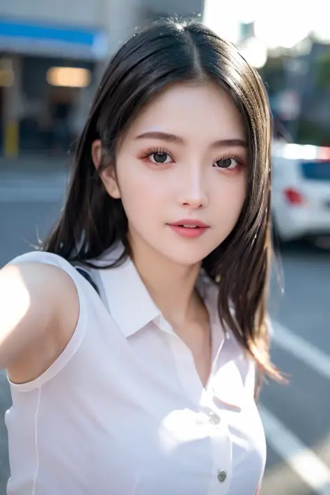 1girl, selfie, (at street:1.2), ((office uniform:1.2)),night, RAW photo, (photorealistic:1.37, realistic), highly detailed CG unified 8K wallpapers, looking at viewer, (((straight from front))), (HQ skin:1.8, shiny skin), 8k uhd, dslr, soft lighting, high ...