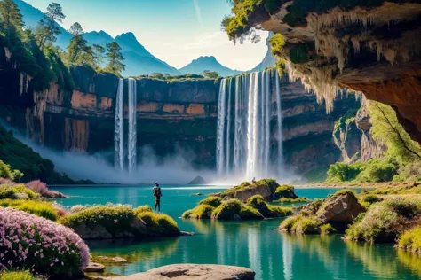 a man standing in front of a waterfall in the middle of a lush green valley