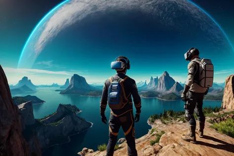 two people standing on a cliff looking at a planet