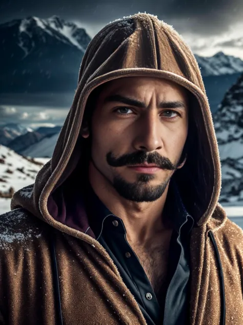 (Absurdres, Intricate Details, Masterpiece, Best Quality, High Resolution, 8k), (1man), (male:1.2), young, groomed appearance, finely detailed eyes and face, lean body, distinguished and mature with a touch of ruggedness, tanned skin, violet eyes, brunette bald head hair, handlebar mustache, portrait, solo, upper body, detailed background, detailed face, (<lora:FiveDecorsAIx3:0.4>, crystallineAI, crystalline theme:1.1), Dark Sand Brown northern warrior, (glowing eyes:1.05), stern expression, dynamic pose, hooded robe, cape, snow crystals, cold, stormy background, mountain in background low light, dark night, epic atmosphere, arid desert middle-eastern precise and accurate details, Depth of Field, VFX.