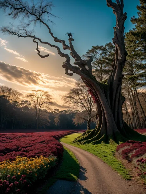 arafed tree with a path leading to a field of flowers