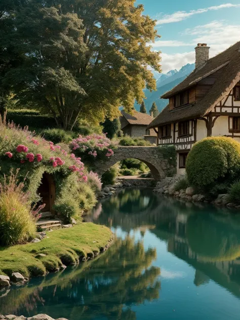 the hobbit, tolkien, a medieval village in switzerland with river and pool, ornate, beautiful, atmosphere, vibe, flowers, concept art illustration, greg rutowski, volumetric lighting, sunbeams, particles, oversaturate, intricate, volumetric lighting, beautiful, rich deep colors masterpiece, sharp focus, perfect composition, intricate detailed octane render perfect composition, beautiful detailed intricate insanely detailed, cinematic perfect light, chiaroscuro, masterpiece