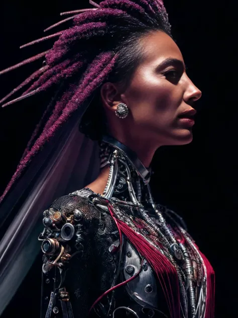 a woman with purple dreadlocks and a black top