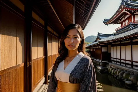 ((best quality)), ((masterpiece)), ((inked)),Award-winning photography: Portrait of a beautiful woman, bathed in soft golden light, as she explores the historic temples of Kyoto, Japan. <lora:Elixir:1>