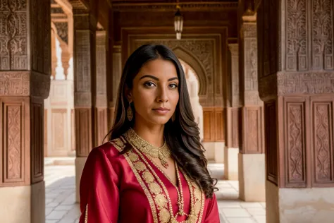 ((best quality)), ((masterpiece)), ((inked)),Award-winning photography: Portrait of a beautiful woman adorned in traditional attire, amidst the intricate architecture of the historic Alhambra Palace in Granada, Spain. (Best quality, masterpiece: 1.2) <lora:Elixir:1>