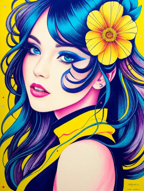 a painting of a woman with blue hair and a flower in her hair