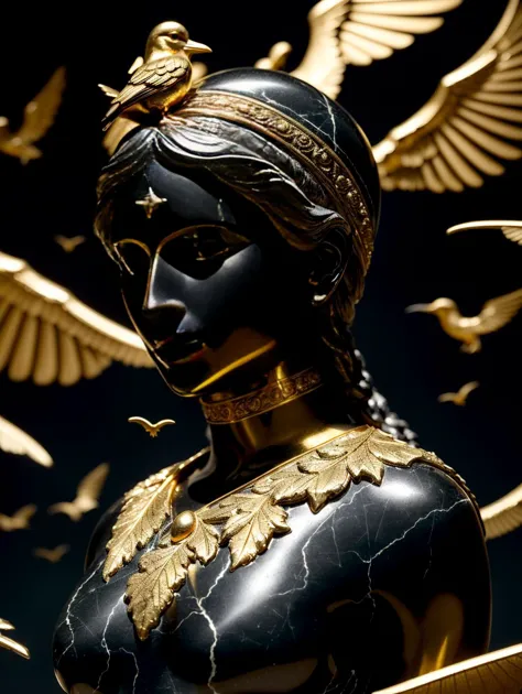 masterpiece, best quality, epic realistic, (black_marble)++ (goddess_statue)+, (black wing)1.3, intricate detail, intricate pattern, golden dust, floating (golden cloth)+, detailed texture, broken glass, god light, (crow)++, (golden birds fly)++, golden rose, golden leaf, motion blur, depth of field, holographic <lora:Elixir:1>