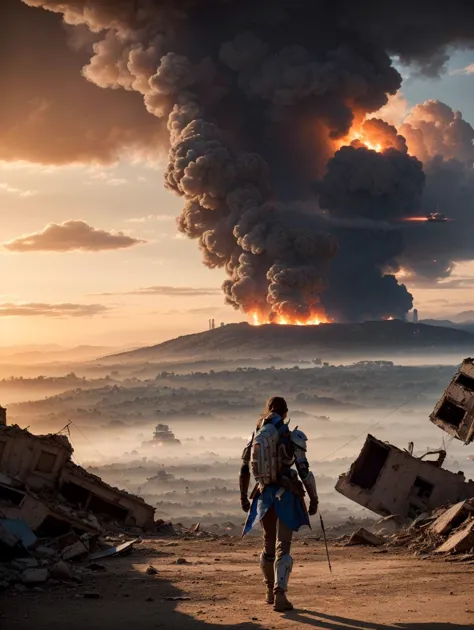 a man walking through a dirt field with a fire in the background