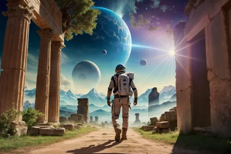 a man in a space suit walking through an ancient city