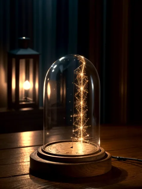 a close up of a clock under a glass dome on a table