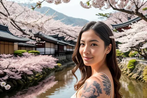 ((best quality)), ((masterpiece)), ((inked)),Award-winning photography: Portrait of a beautiful woman amidst the blooming cherry blossoms of Kyoto, Japan. (Best quality, masterpiece: 1.2) <lora:Elixir:1>