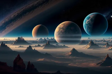 a group of planets in the sky with mountains and stars