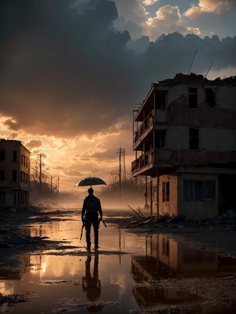 arafed man walking in a flooded street with an umbrella