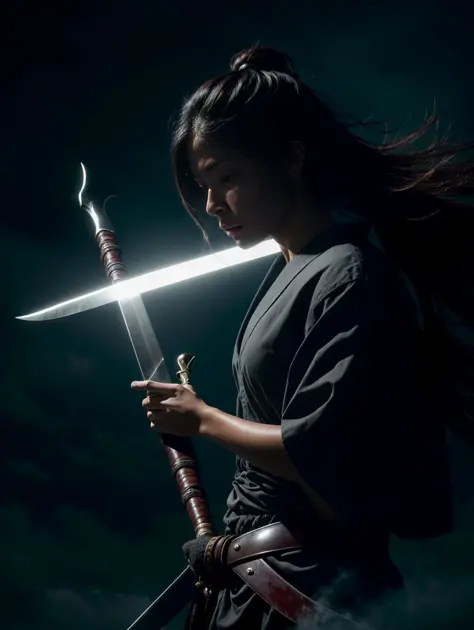 (RAW photo, 4k, realistic, exquisitely detailed skin), masterpiece, best quality, official art, unity 8k wallpaper, ultra detailed,(dark scene,low key,soft lighting:1.3), cinematic look,high saturation,best anatomy,volumetric fog, a samurai girl, slim body, sexy, charming, seductive,upper body, 1girl,weapon,sword,long hair,black hair,holding,solo,holding weapon,blood,holding sword,arm guards,simple background,blood on weapon,looking at viewer,black eyes,tabi,floating hair, vivid illumination, harmonious composition, enchanting elegance, atmospheric depth, cinematic lighting, immersive atmosphere, exceptional detail, (stunning visuals)