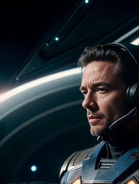 ((best quality)), ((masterpiece)), ((inked)), majestic intricately detailed soft   by jim lee, 1man, a handsome starship captain, (Henry Cavill:0.7)|Hugh Jackman|Russell Crowe, well fitting futuristic space commander uniform, stubble, on the bridge of an a...