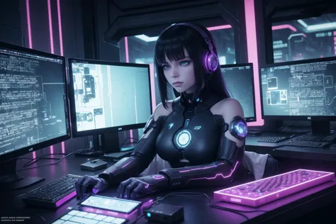 cyber woman sitting at a desk with a keyboard and a monitor