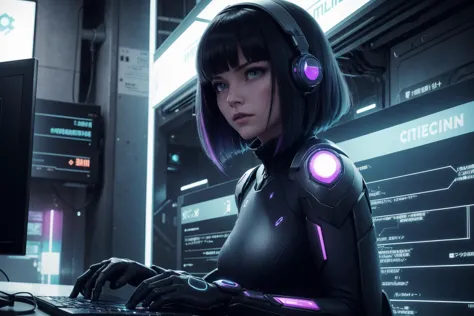 a close up of a person in a futuristic suit using a computer