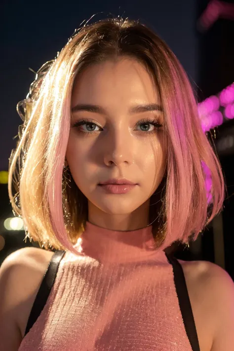 a woman with pink hair and a pink top posing for a picture