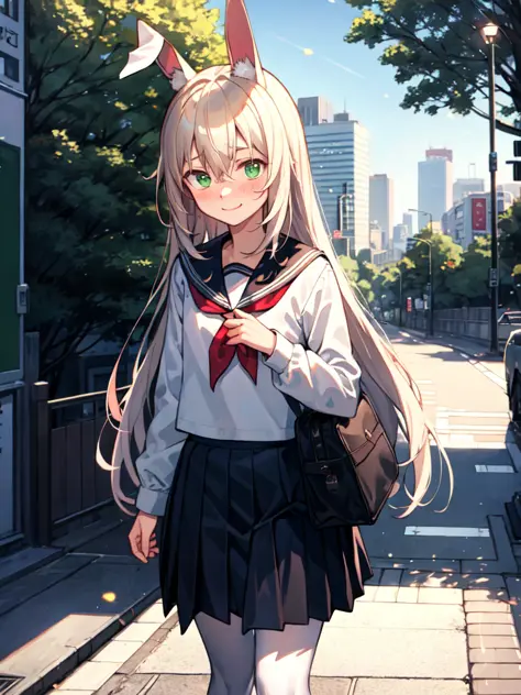 \effect\ (masterpiece, best quality, illustration, novel illustration, beautiful light, highres, official art, light particles)
\basic character\ a girl, (bunny ears:1.3), (green eyes:1.3), (very long hair:1.2), (flat chest:1.2), (white hair:1.2), (alterna...