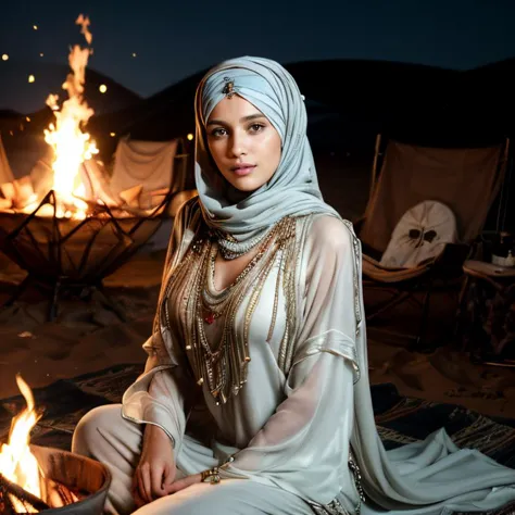 (moroccan desert camp, sfw, long kaftan with long sleeves, headscarf, beaded necklace, sitting by the campfire, evening:1.35) in...