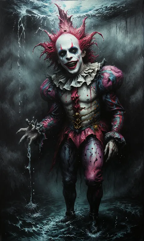 a painting of a clown standing in the water with a bloody face