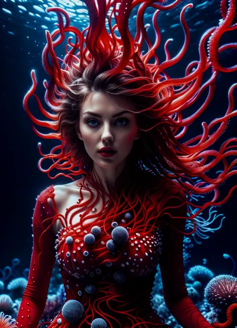 A model, hyper realistic faces, goddess, she is wearing a beautiful long flowing vivid red dress made entirely of Red Sea urchin...