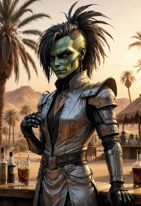 <lora:evil_villain:1> evil villain Android bartender with synthetic emotions, <lora:EnvyCreativeOutfitXL01:1>, Desert oasis with...