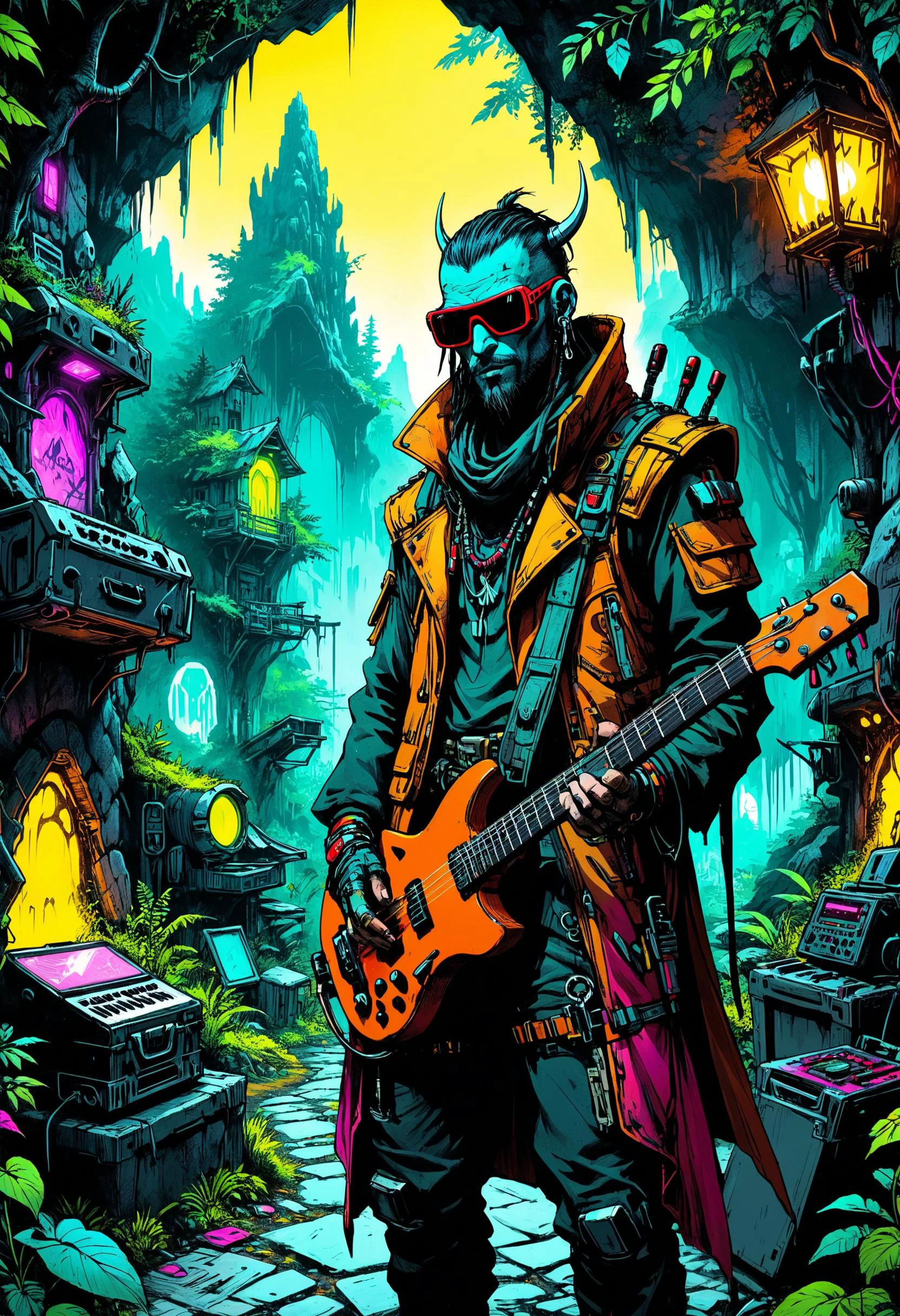 evil villain Cyberpunk nomad musician with augmented instruments, outrageous fashion, Hidden cave entrance in lush forest in the background, Streetlights, ink art, line art, saturated colors, sharp focus, highly detailed