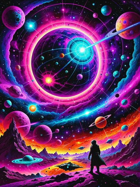 a man standing in front of a colorful galaxy with planets