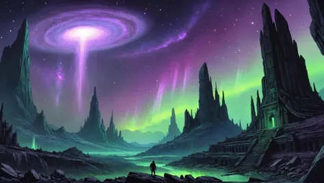 The ruins of an alien civilization, Spectacular auroras dancing across the heavens in the background,, Chiaroscuro, ink art, line art,, sharp focus intricate, elegant, digital painting, artstation, matte, highly detailed, concept art, illustration, volumetric lighting, purple green color scheme, art by Asaf Hanuka <lora:add-detail-xl:0.4> <lora:InkArtXL_1.2:0.7> <lora:pastel_colors_xl_v3:0.7>