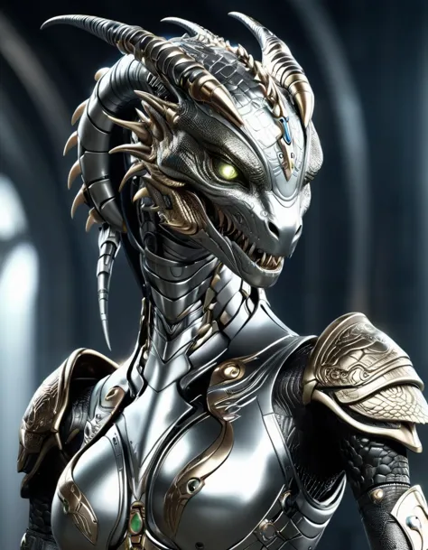 a robot with a large head and a large body, sharp sleek cyborg dragon head, movie cgi, game cg, female alien, character poster, ...