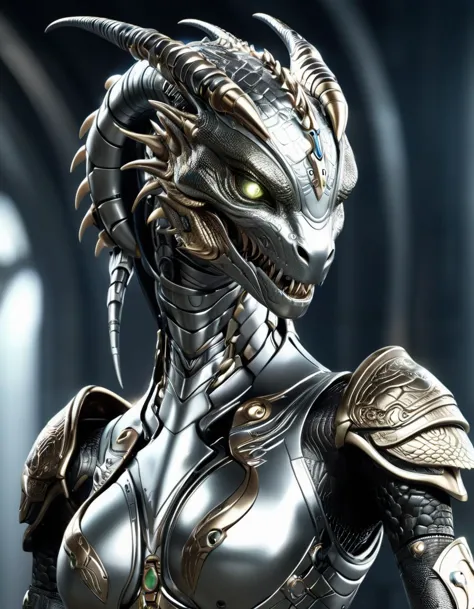 un robot avec une grosse tête et un grand corps, Tête de dragon cyborg élégante et pointue, Film CGI, Jeu CG, extraterrestre, affiche de personnage, en tant que guerriers reptiliens atlantes, peau métallique, rendu de l&#39;échec et mat, discorde, image rendue, sans texte, sauriens, Peau de métal