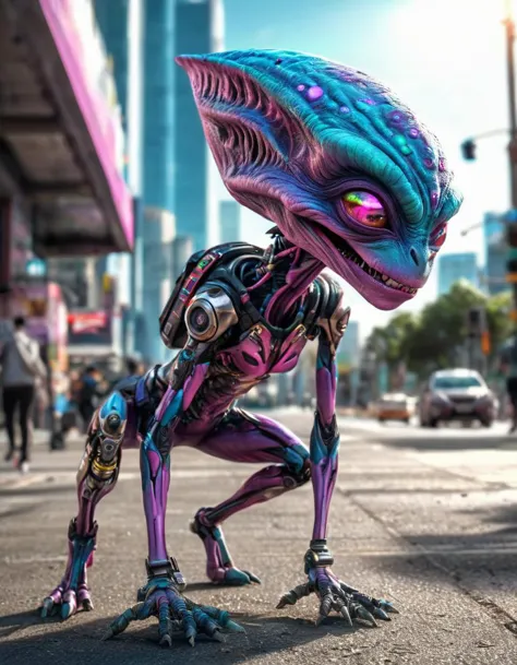 Hyper현실적인 art HDR photo of alienpunk . 높은 다이내믹 레인지, 생생한, 풍부한 세부정보, 명확한 그림자와 하이라이트, 현실적인, 극심한, 향상된 대비, 매우 상세한 . 초고해상도 디테일, 사진의, 현실주의가 극단으로 치닫다, 미세한 질감, 믿을 수 없을 정도로 실물 같은