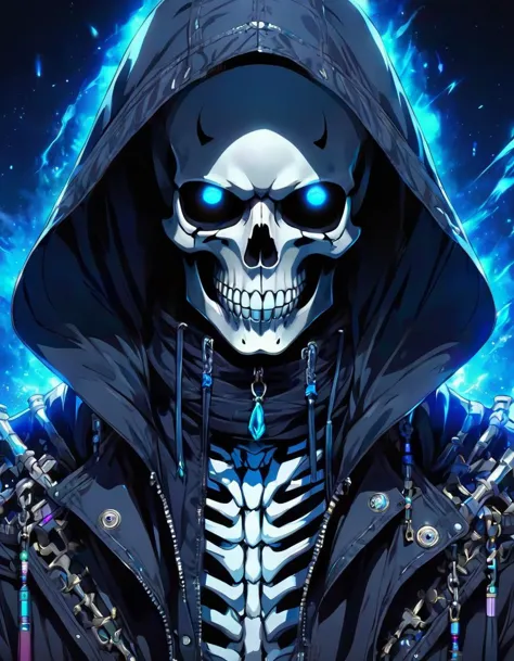 anime artwork a skeleton with blue eyes and a hooded jacket, dark backgroud, antasy character, face photo, the shrike, dark photo, the head of the man is a skull, gray man, avatar image, ghost, metalhead, spectral, watcher . anime style, key visual, vibrant, studio anime,  highly detailed